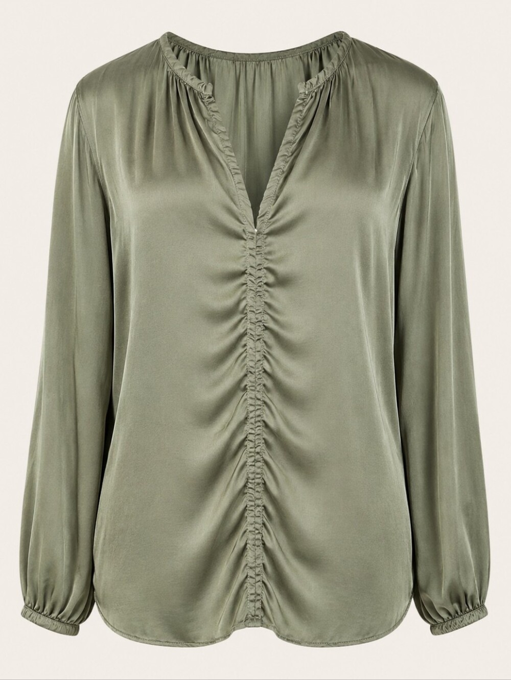 VELVET BY GRAHAM & SPENCER | Olive Green Ruched Satin V-Neck Blouse USA |‎ L